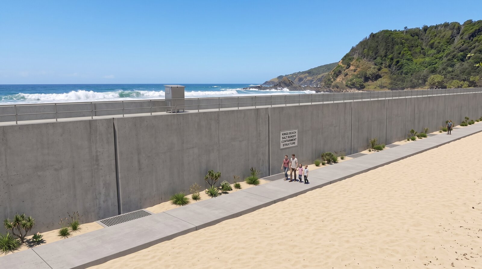 Render of the wall from the sand side with a sign on it